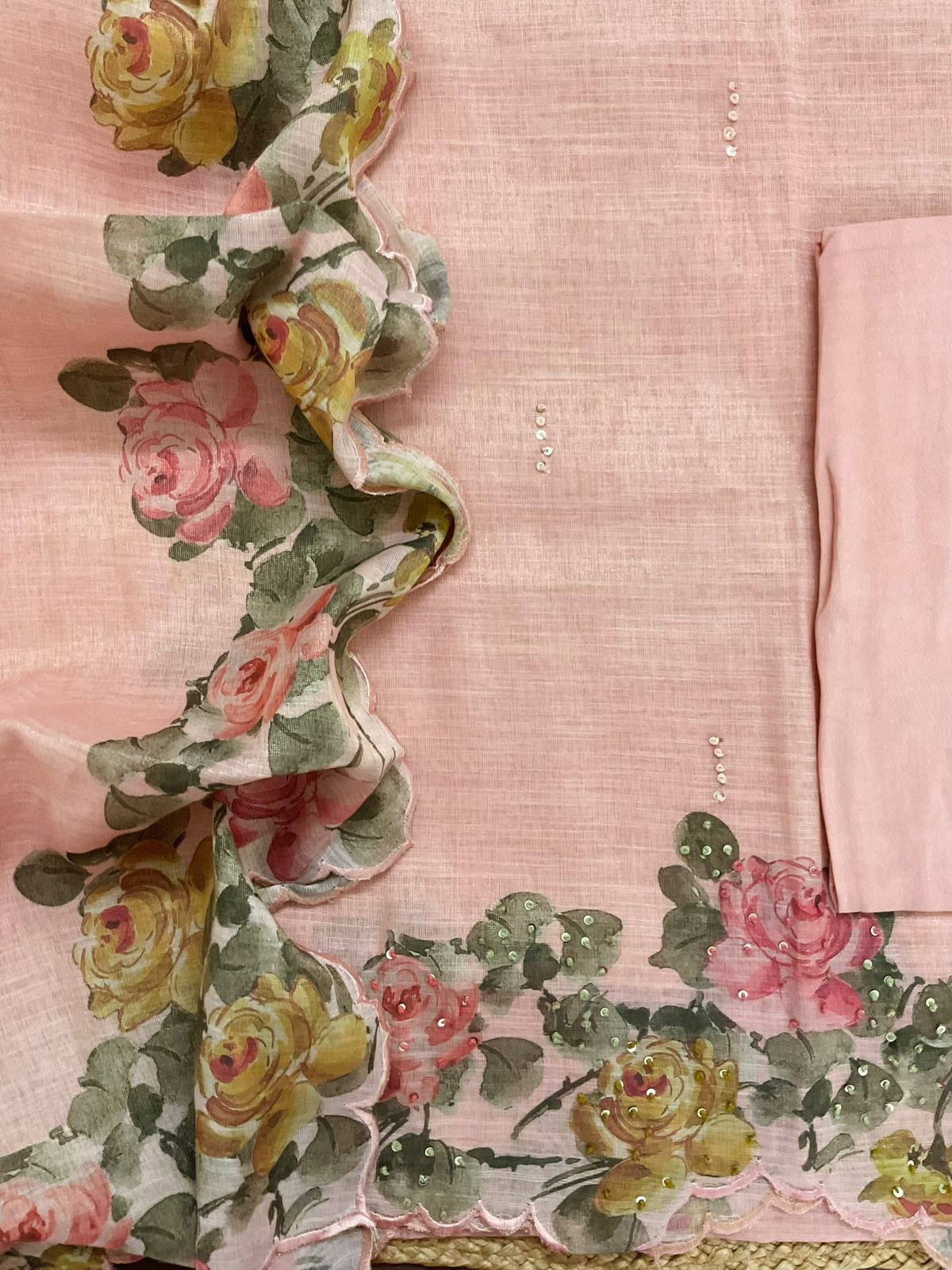 Soft Tissue Slub Cotton Printed Embroidered Suit - Peach