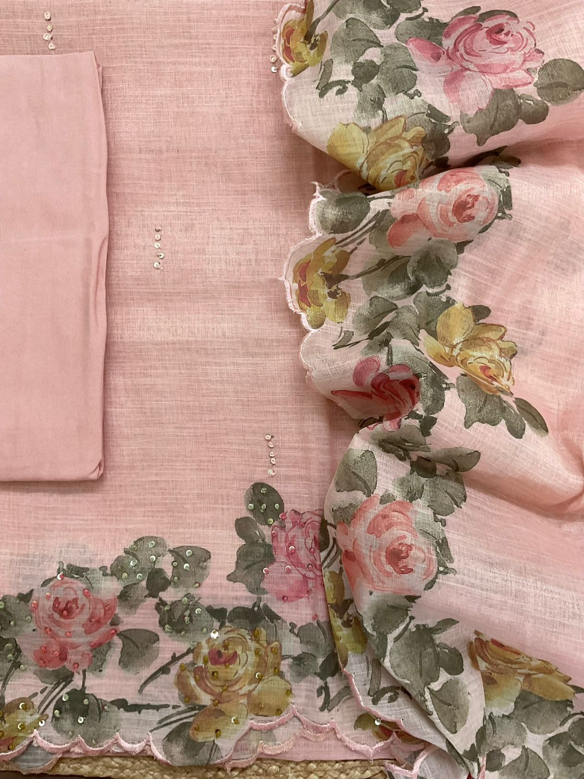 Soft Tissue Slub Cotton Printed Embroidered Suit - Peach