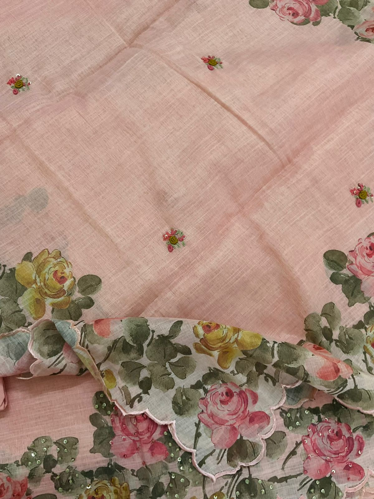 Soft Tissue Slub Cotton Printed Embroidered Suit - Peach