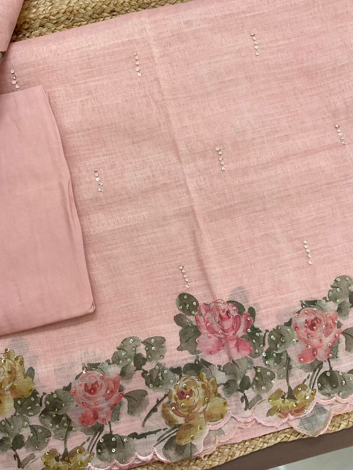 Soft Tissue Slub Cotton Printed Embroidered Suit - Peach