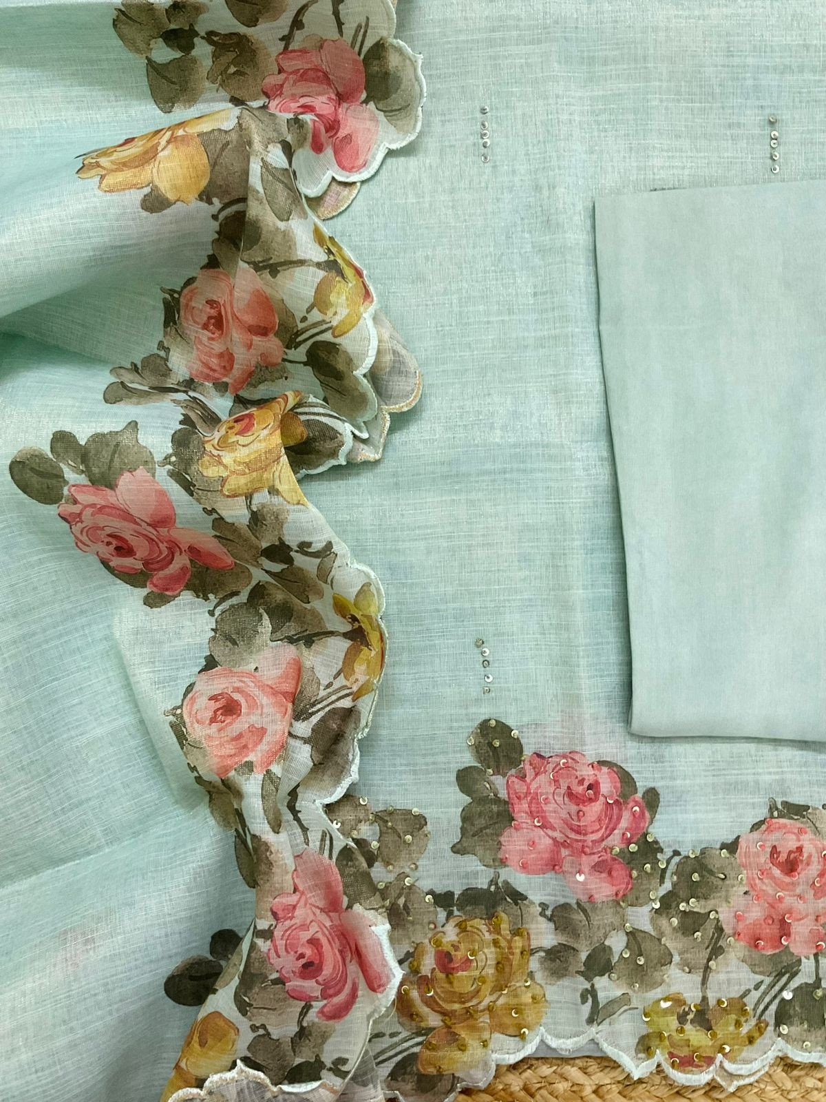 Soft Tissue Slub Cotton Printed Embroidered Suit - Blue