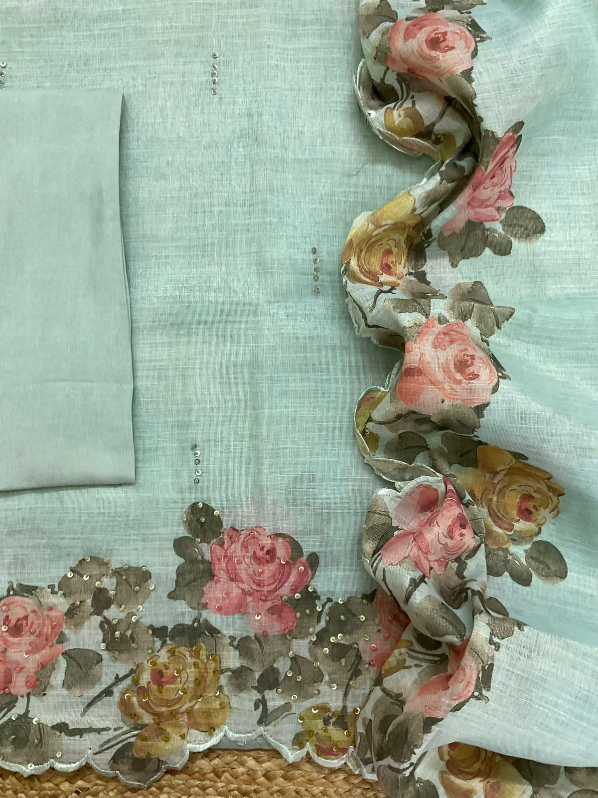 Soft Tissue Slub Cotton Printed Embroidered Suit - Blue