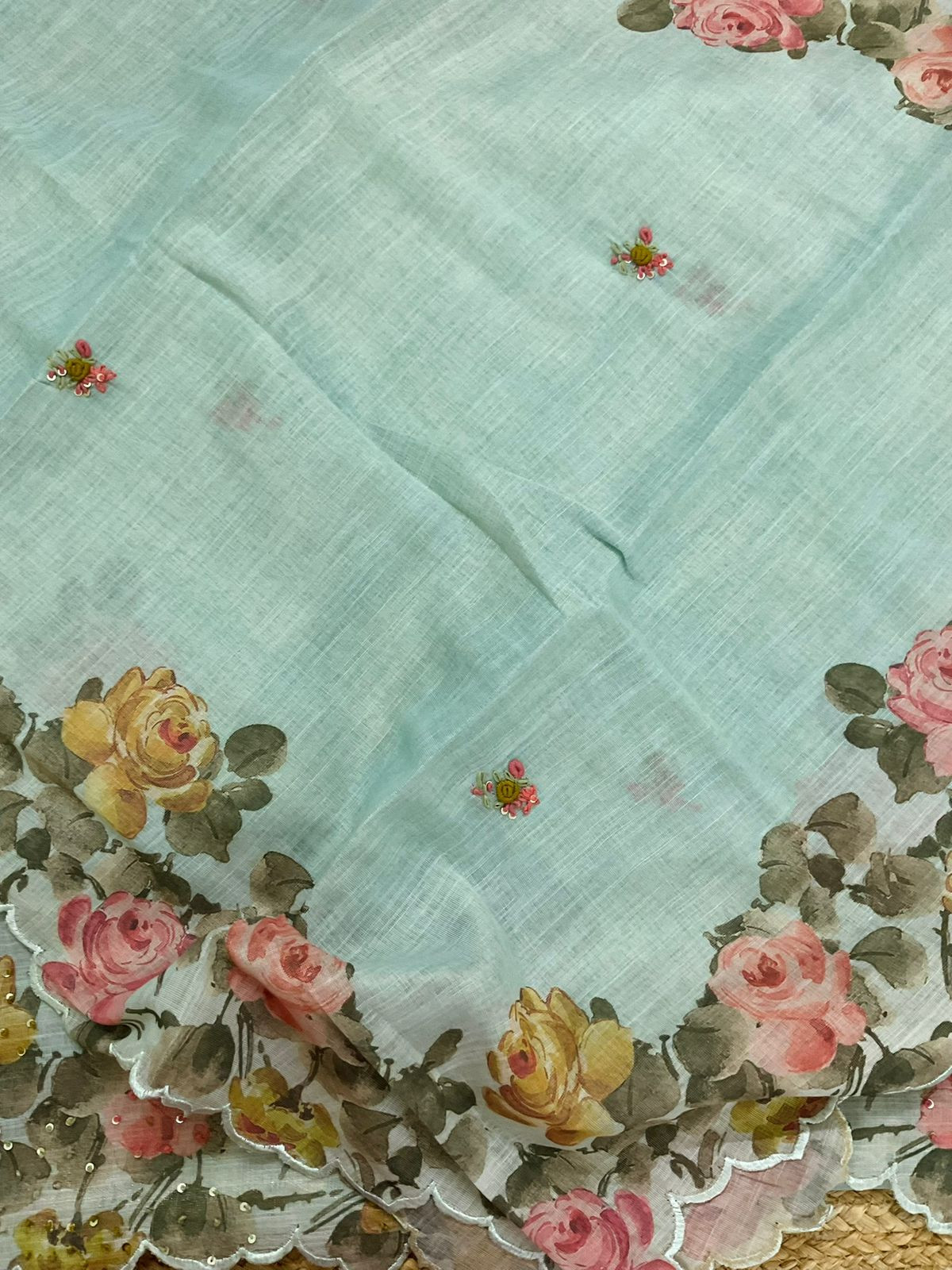 Soft Tissue Slub Cotton Printed Embroidered Suit - Blue