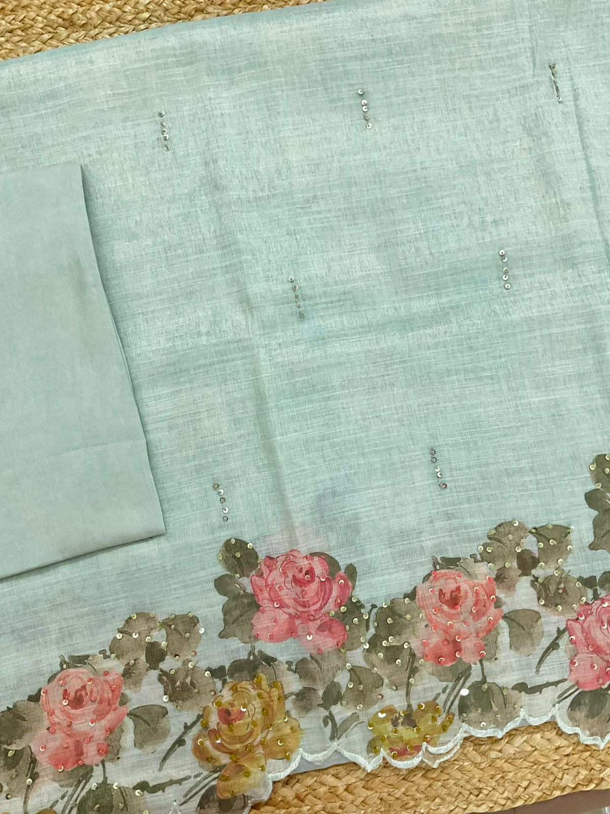 Soft Tissue Slub Cotton Printed Embroidered Suit - Blue