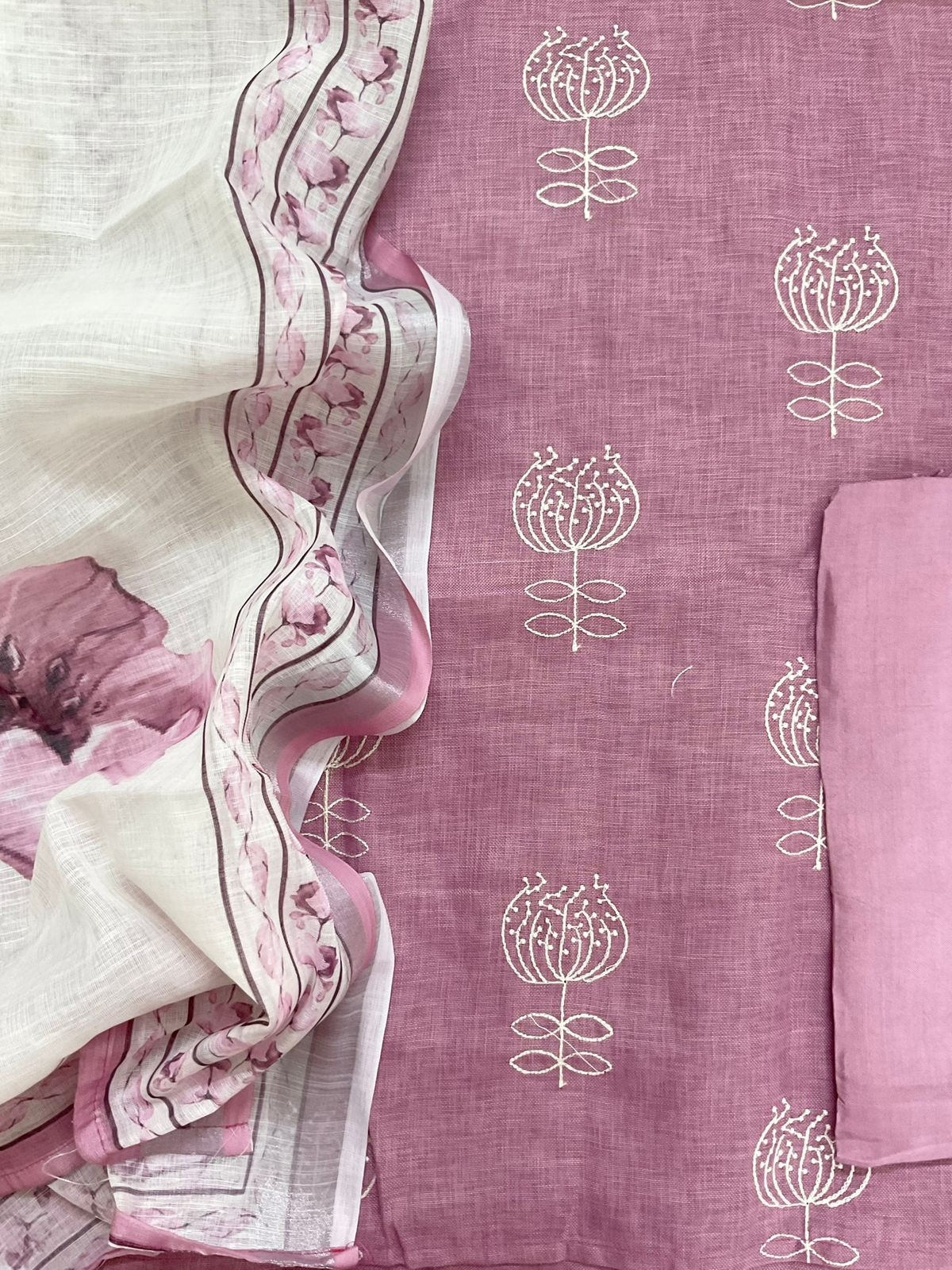 Soft Linen Jute Cotton Printed Embroidered Suit - Pink