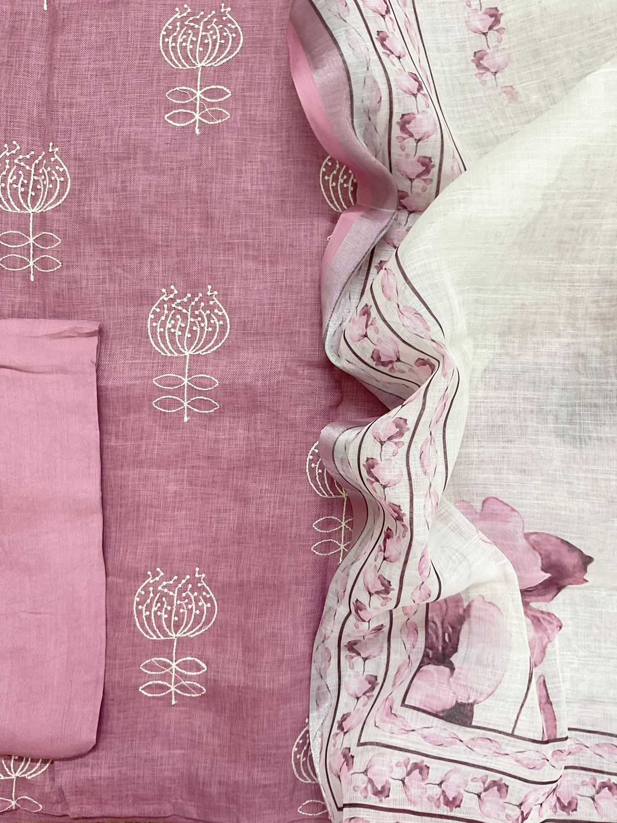 Soft Linen Jute Cotton Printed Embroidered Suit - Pink