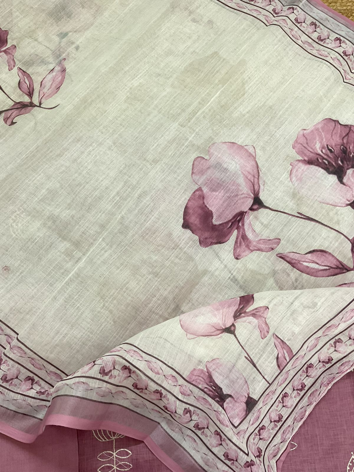 Soft Linen Jute Cotton Printed Embroidered Suit - Pink