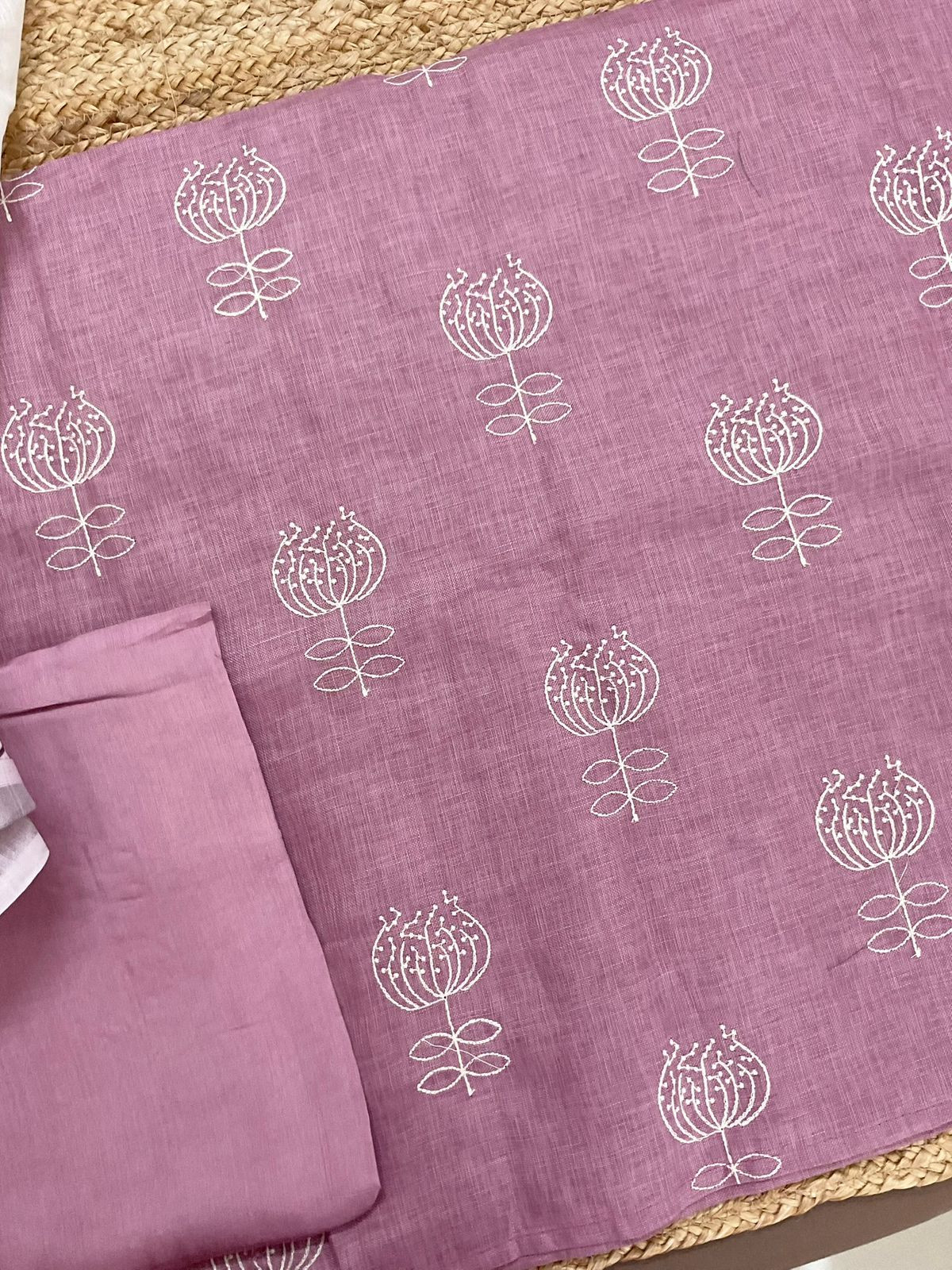 Soft Linen Jute Cotton Printed Embroidered Suit - Pink