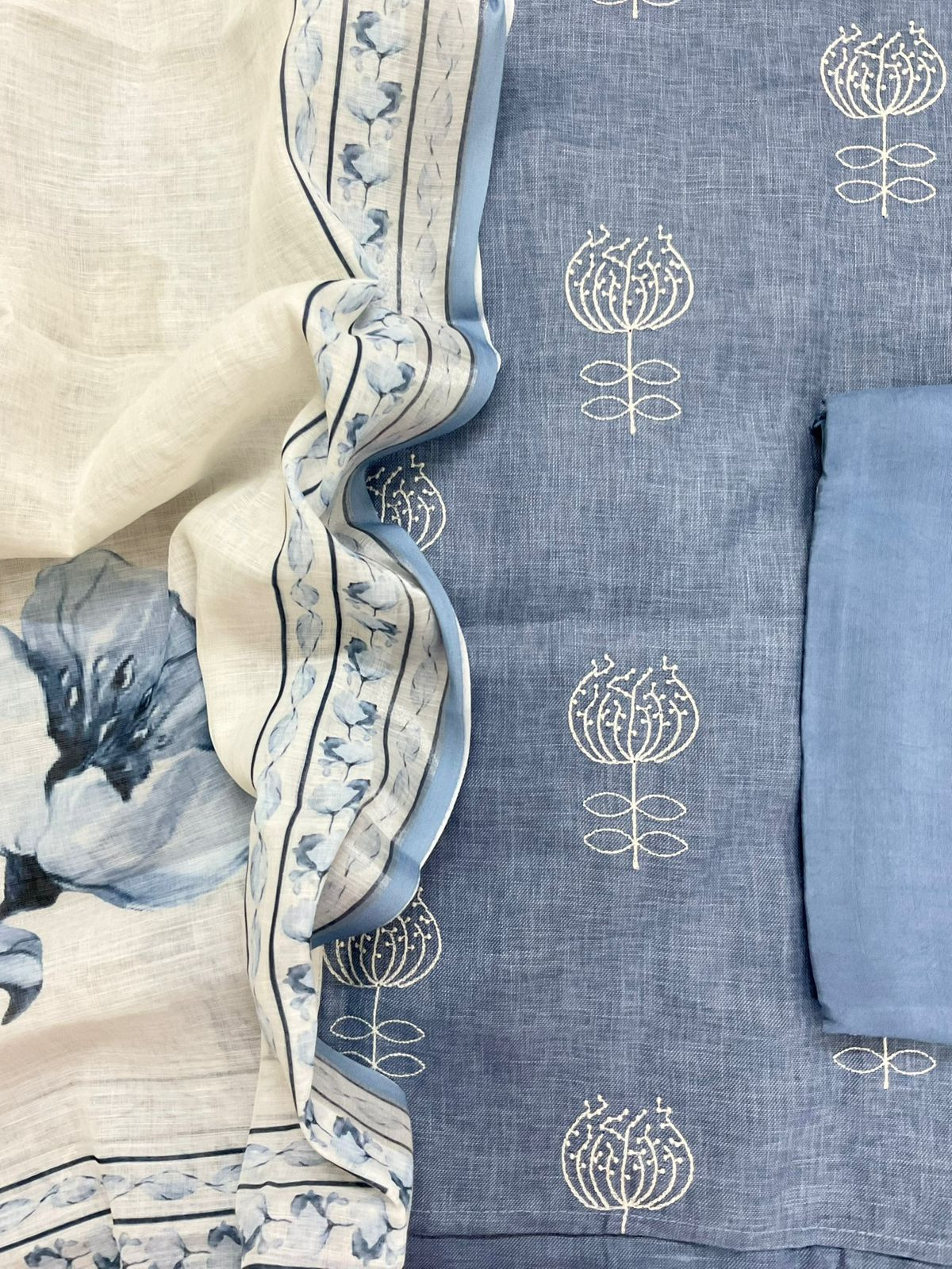 Soft Linen Jute Cotton Printed Embroidered Suit - Blue