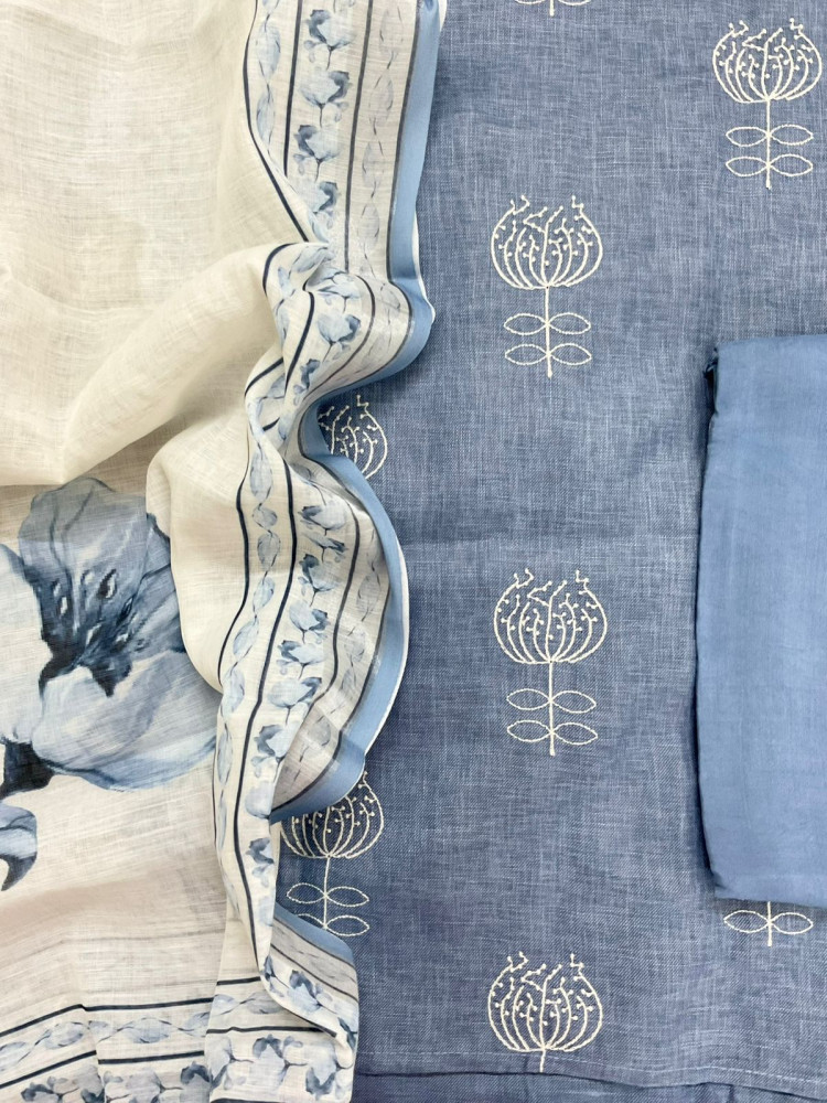 Image of Soft Linen Jute Cotton Printed Embroidered Suit - Blue