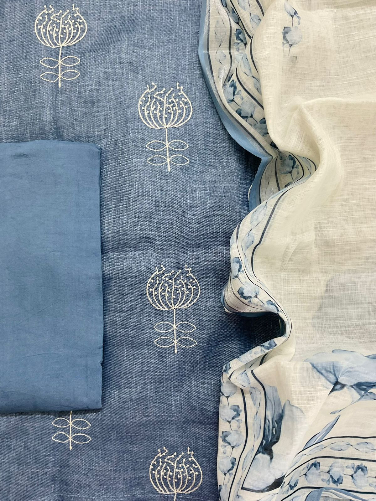 Soft Linen Jute Cotton Printed Embroidered Suit - Blue