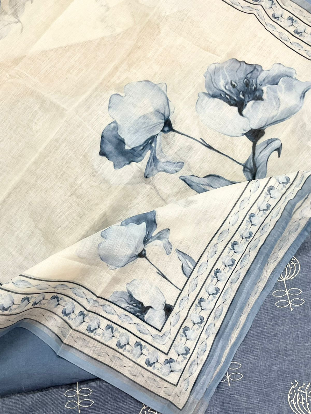 Soft Linen Jute Cotton Printed Embroidered Suit - Blue