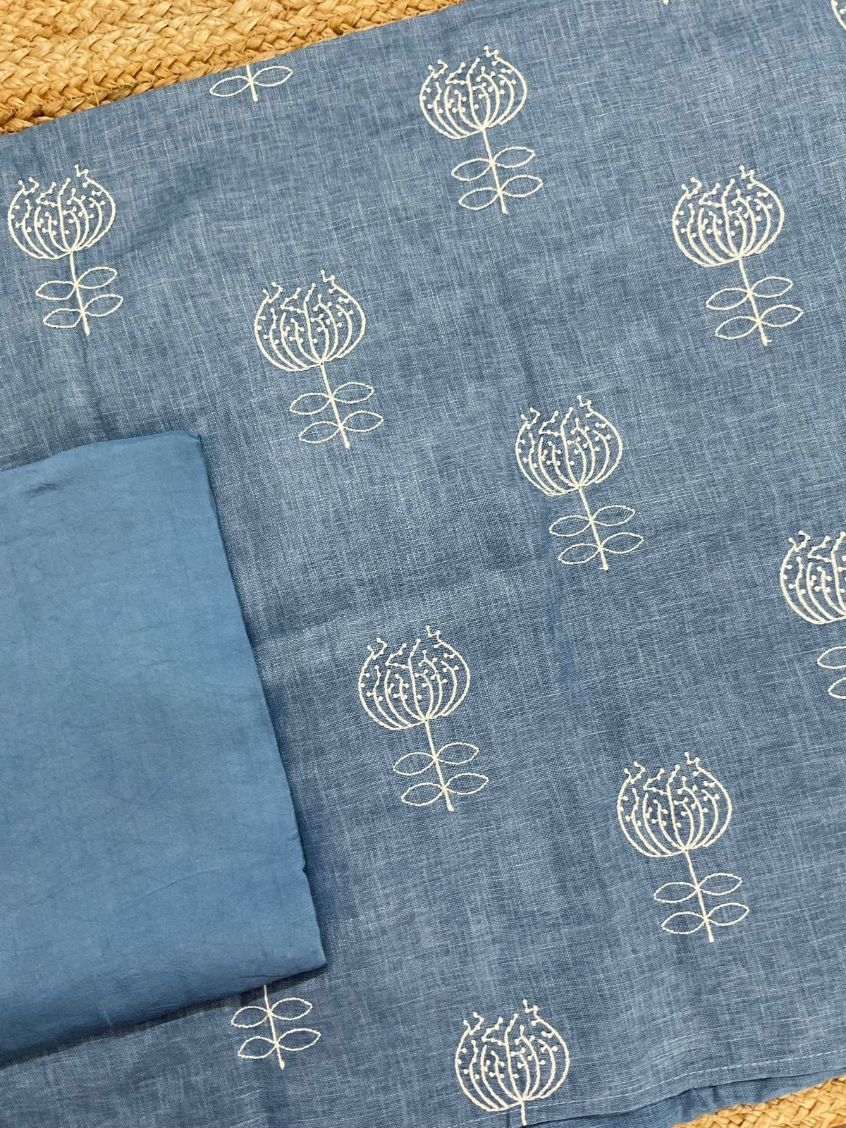 Soft Linen Jute Cotton Printed Embroidered Suit - Blue