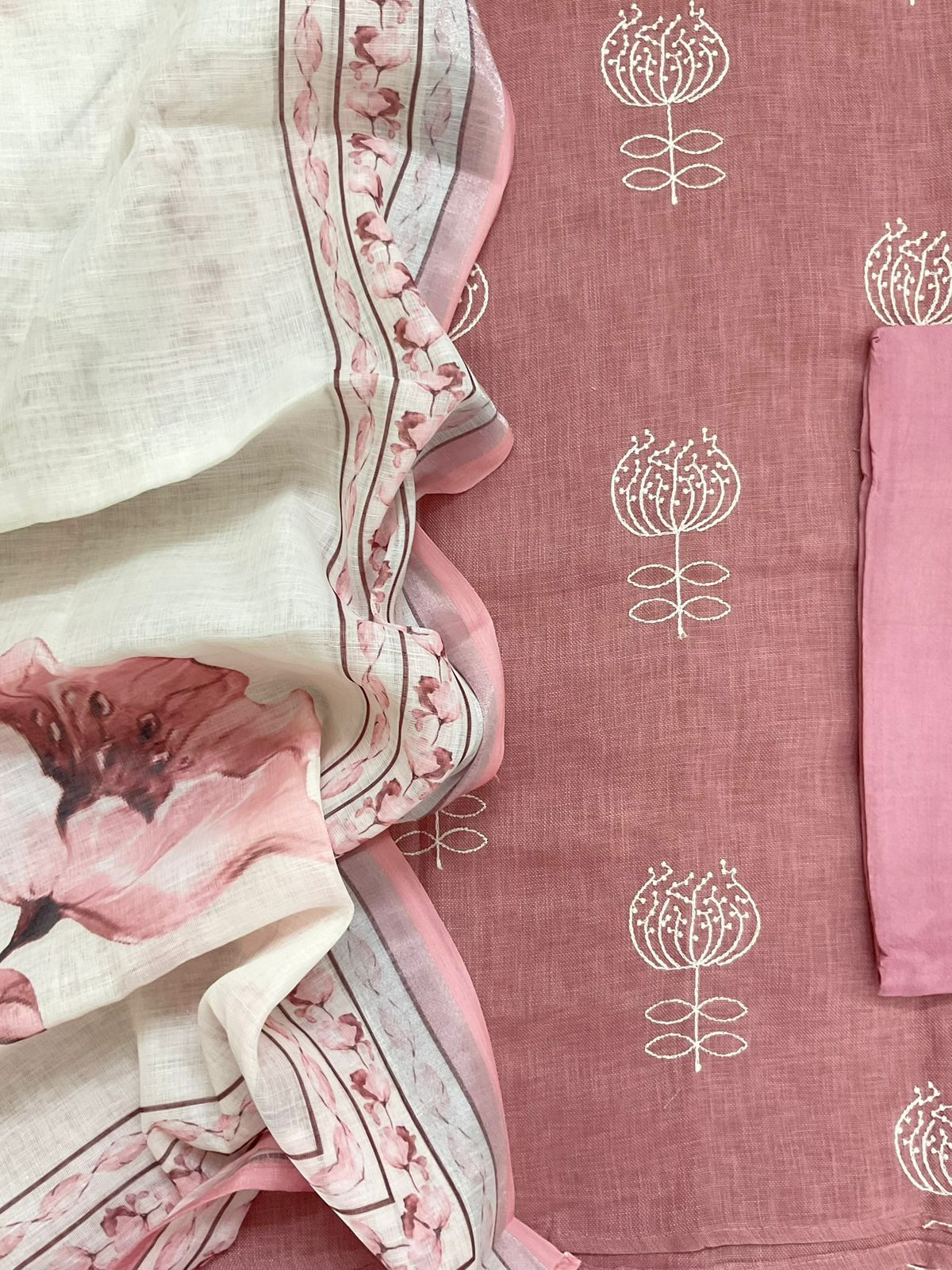 Soft Linen Jute Cotton Printed Embroidered Suit - Peach