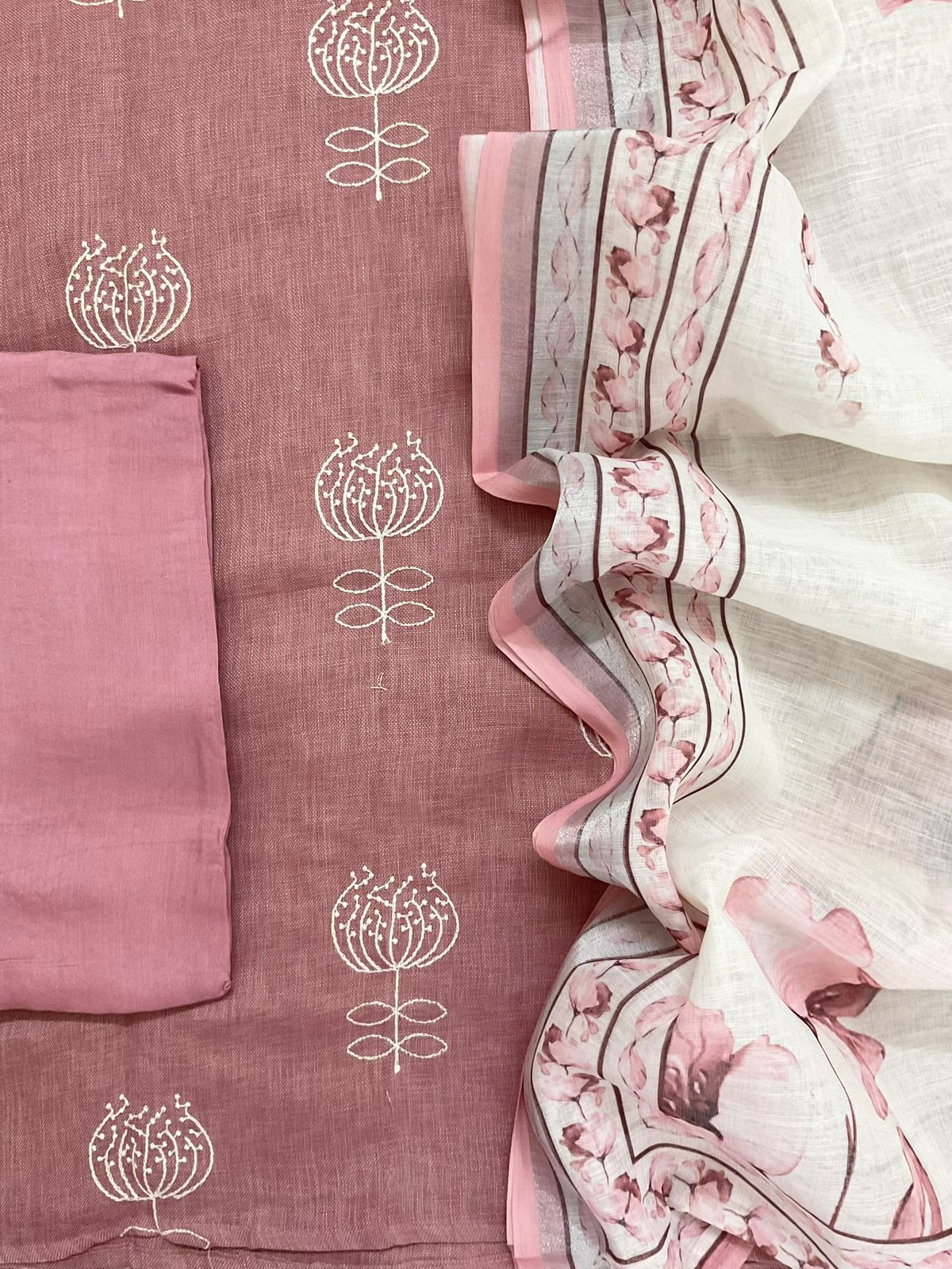 Soft Linen Jute Cotton Printed Embroidered Suit - Peach