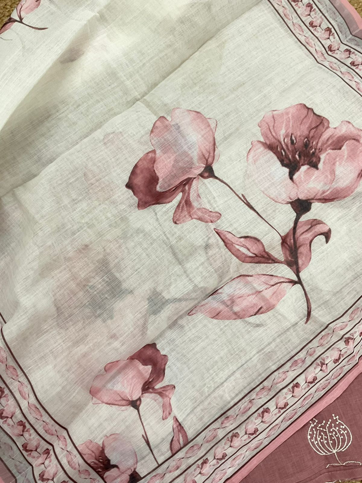 Soft Linen Jute Cotton Printed Embroidered Suit - Peach