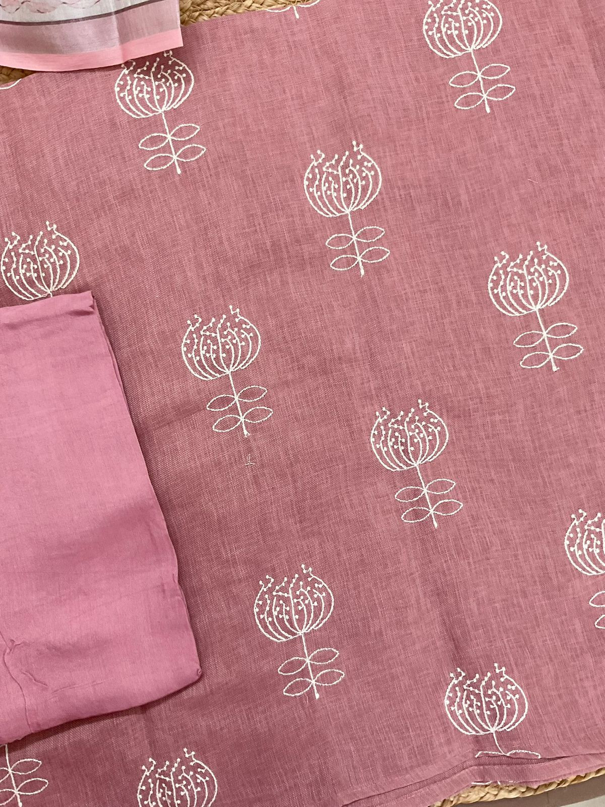 Soft Linen Jute Cotton Printed Embroidered Suit - Peach