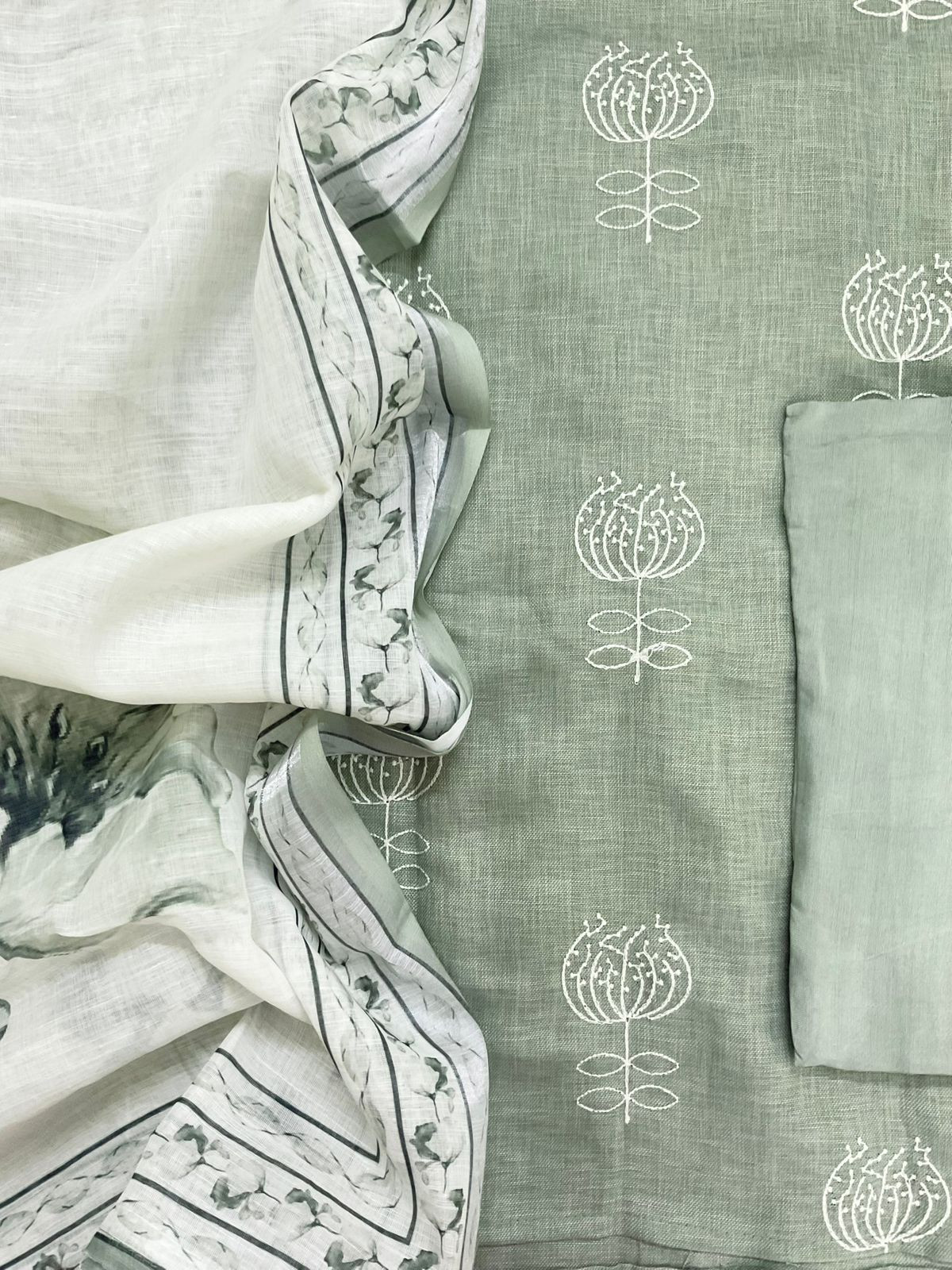 Soft Linen Jute Cotton Printed Embroidered Suit - Green