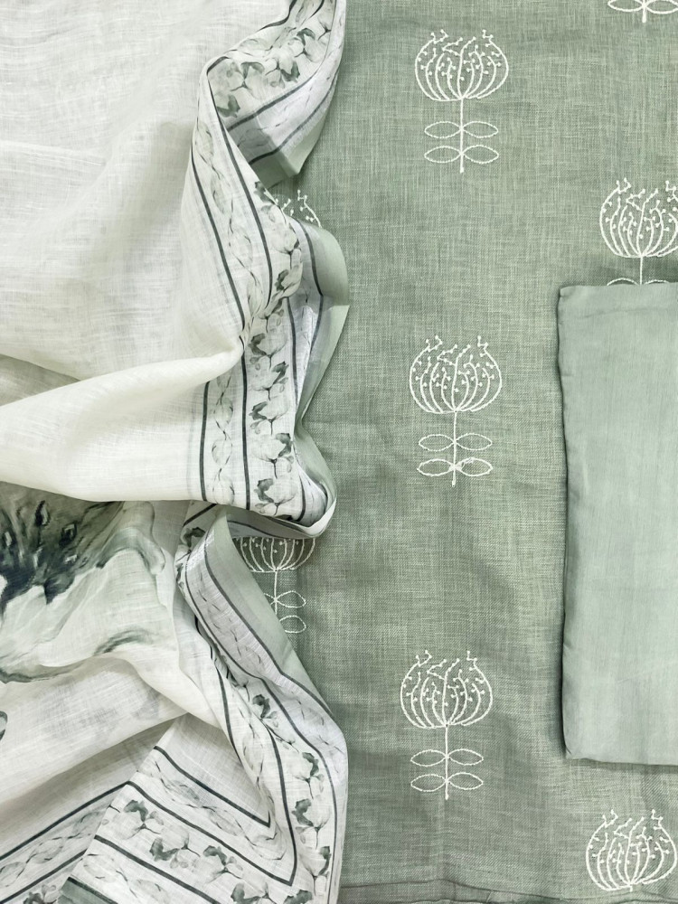 Image of Soft Linen Jute Cotton Printed Embroidered Suit - Green