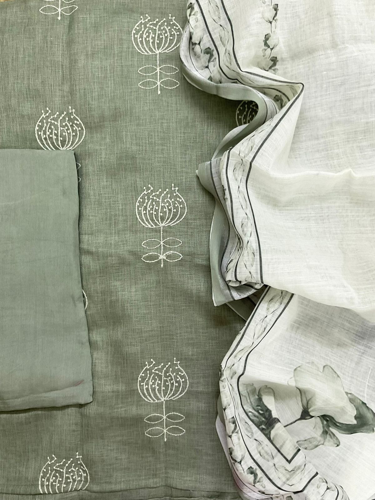 Soft Linen Jute Cotton Printed Embroidered Suit - Green