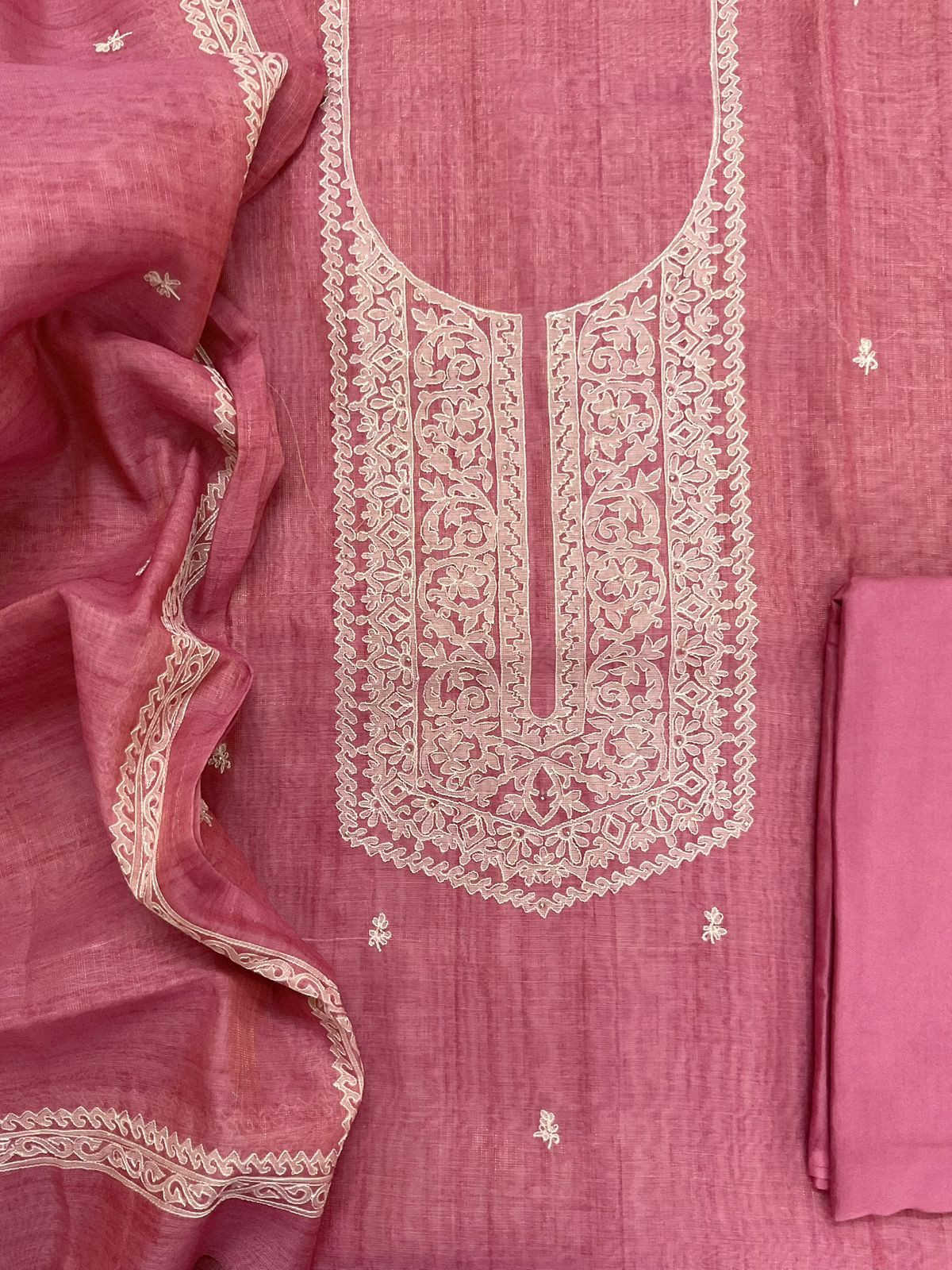Soft Tissue Slub Cotton Printed Embroidered Suit - Pink