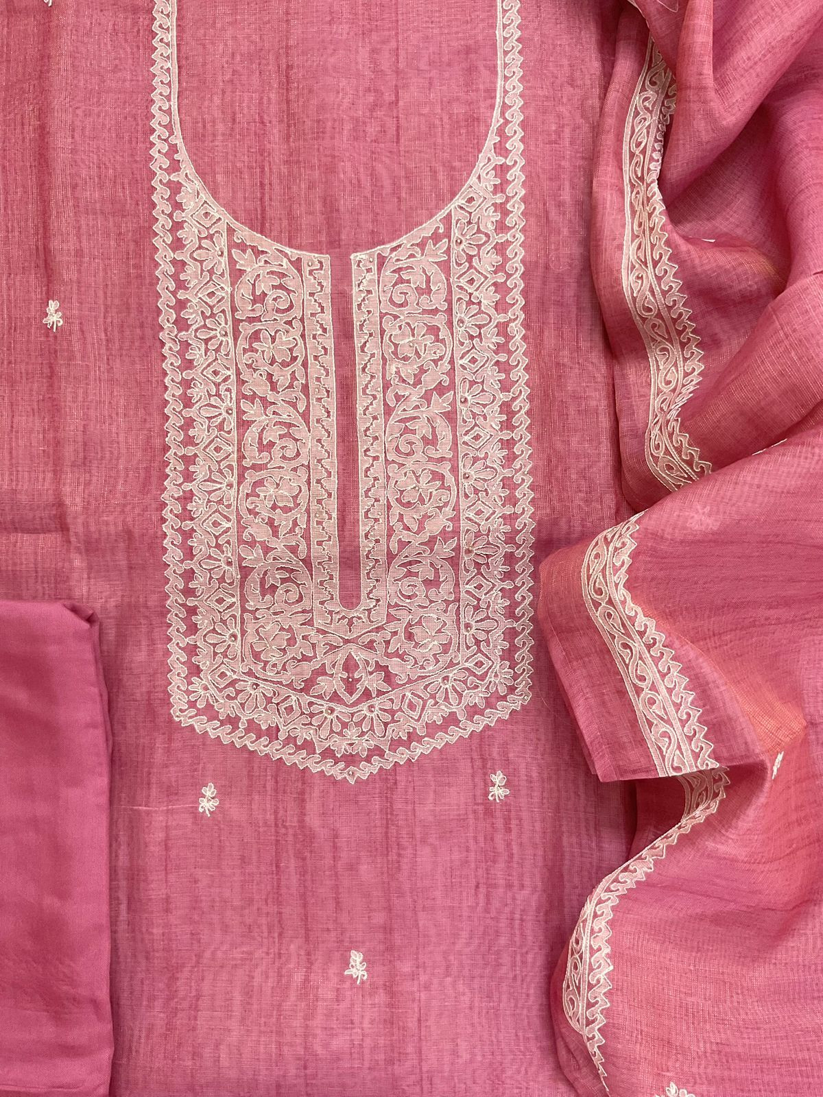 Soft Tissue Slub Cotton Printed Embroidered Suit - Pink