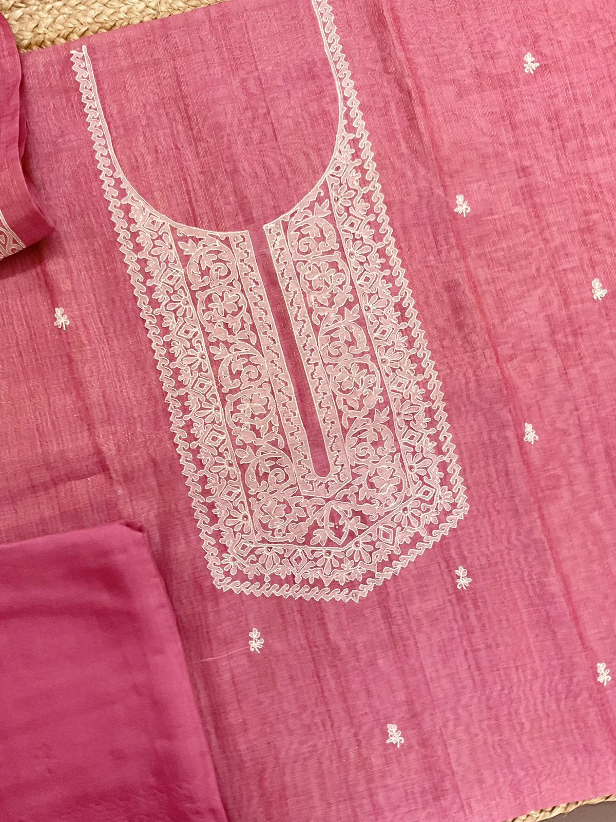 Soft Tissue Slub Cotton Printed Embroidered Suit - Pink
