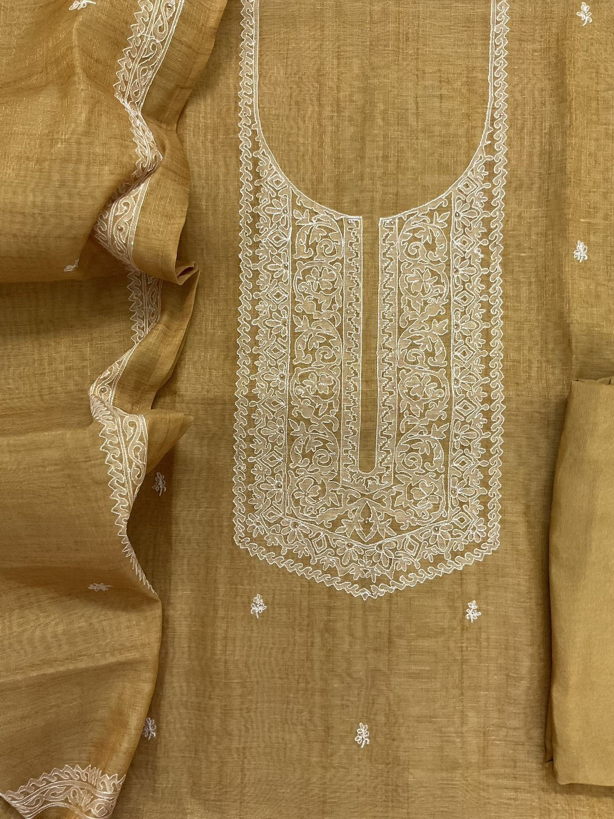 Soft Tissue Slub Cotton Printed Embroidered Suit - Yellow