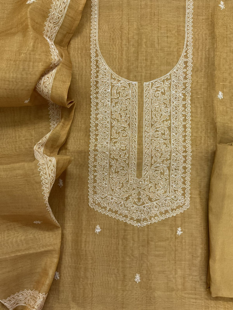 Image of Soft Tissue Slub Cotton Printed Embroidered Suit - Yellow