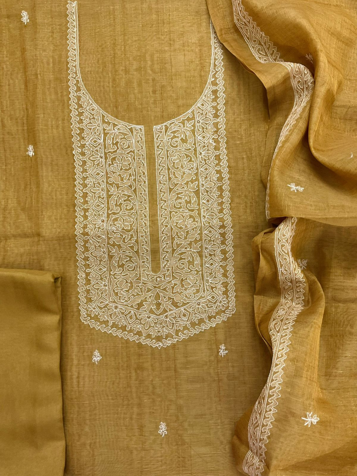 Soft Tissue Slub Cotton Printed Embroidered Suit - Yellow