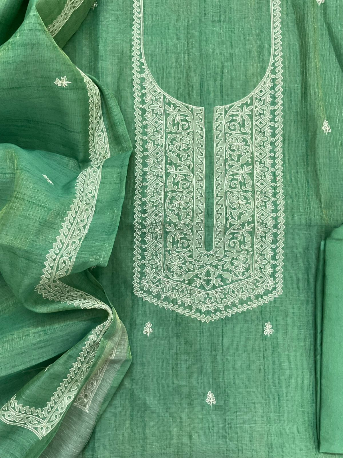Soft Tissue Slub Cotton Printed Embroidered Suit - Green