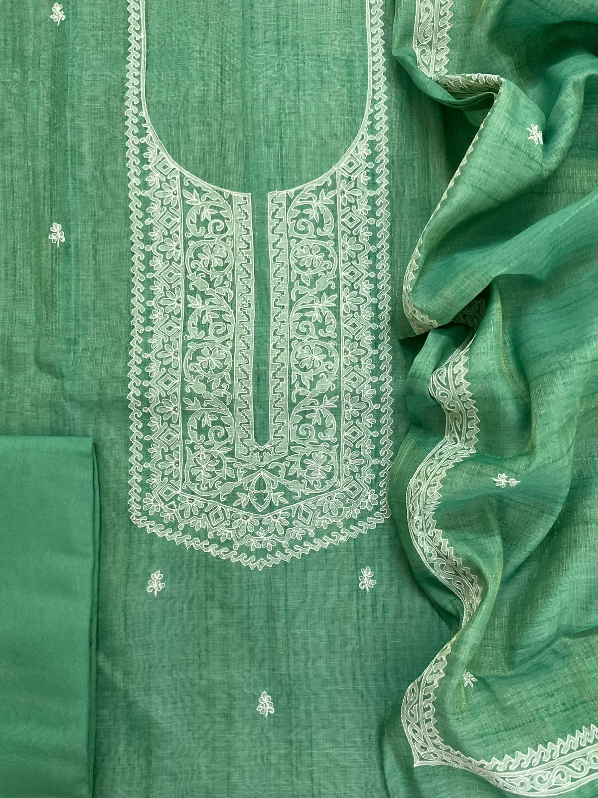 Soft Tissue Slub Cotton Printed Embroidered Suit - Green