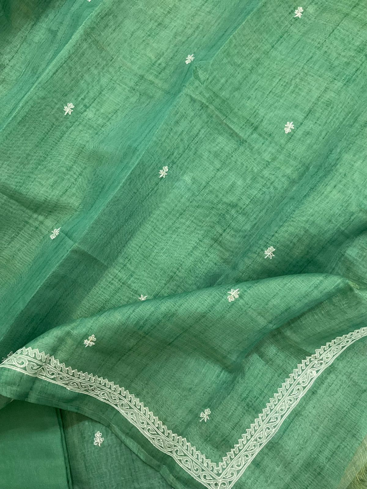 Soft Tissue Slub Cotton Printed Embroidered Suit - Green