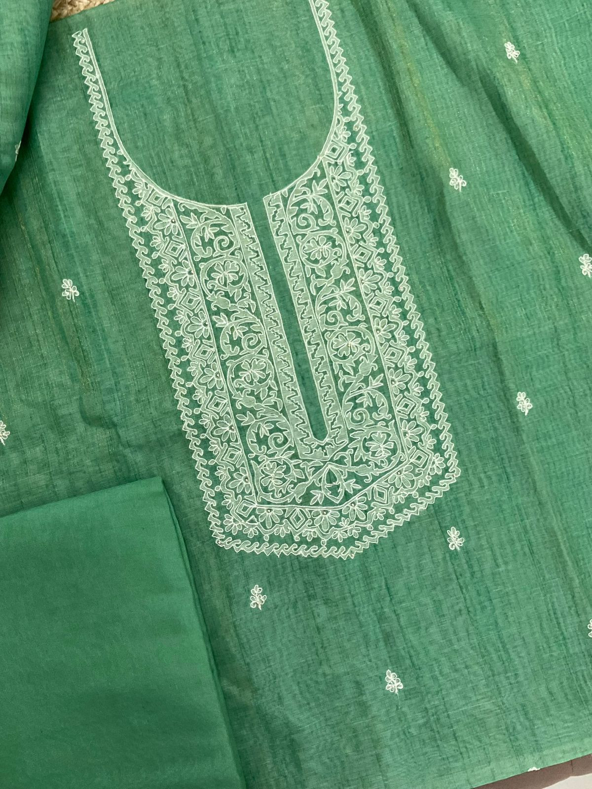 Soft Tissue Slub Cotton Printed Embroidered Suit - Green
