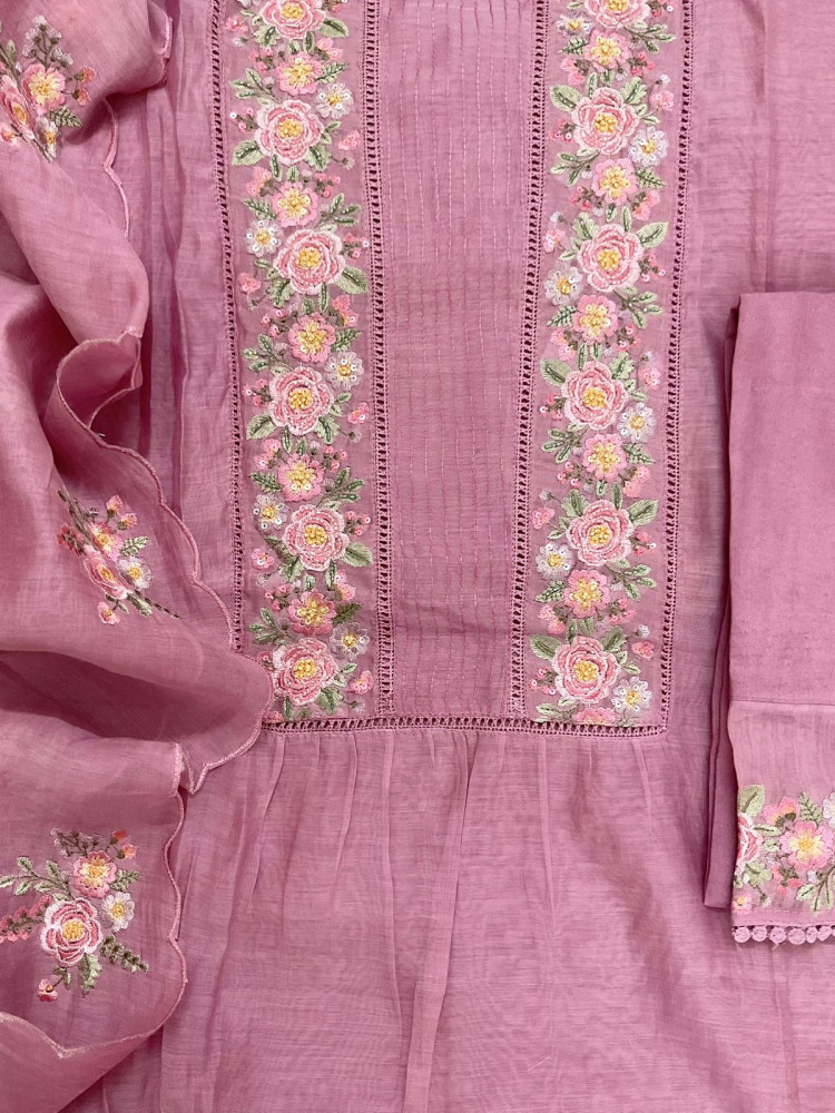 Image of Pure Chanderi Embroidered Suit - Pink