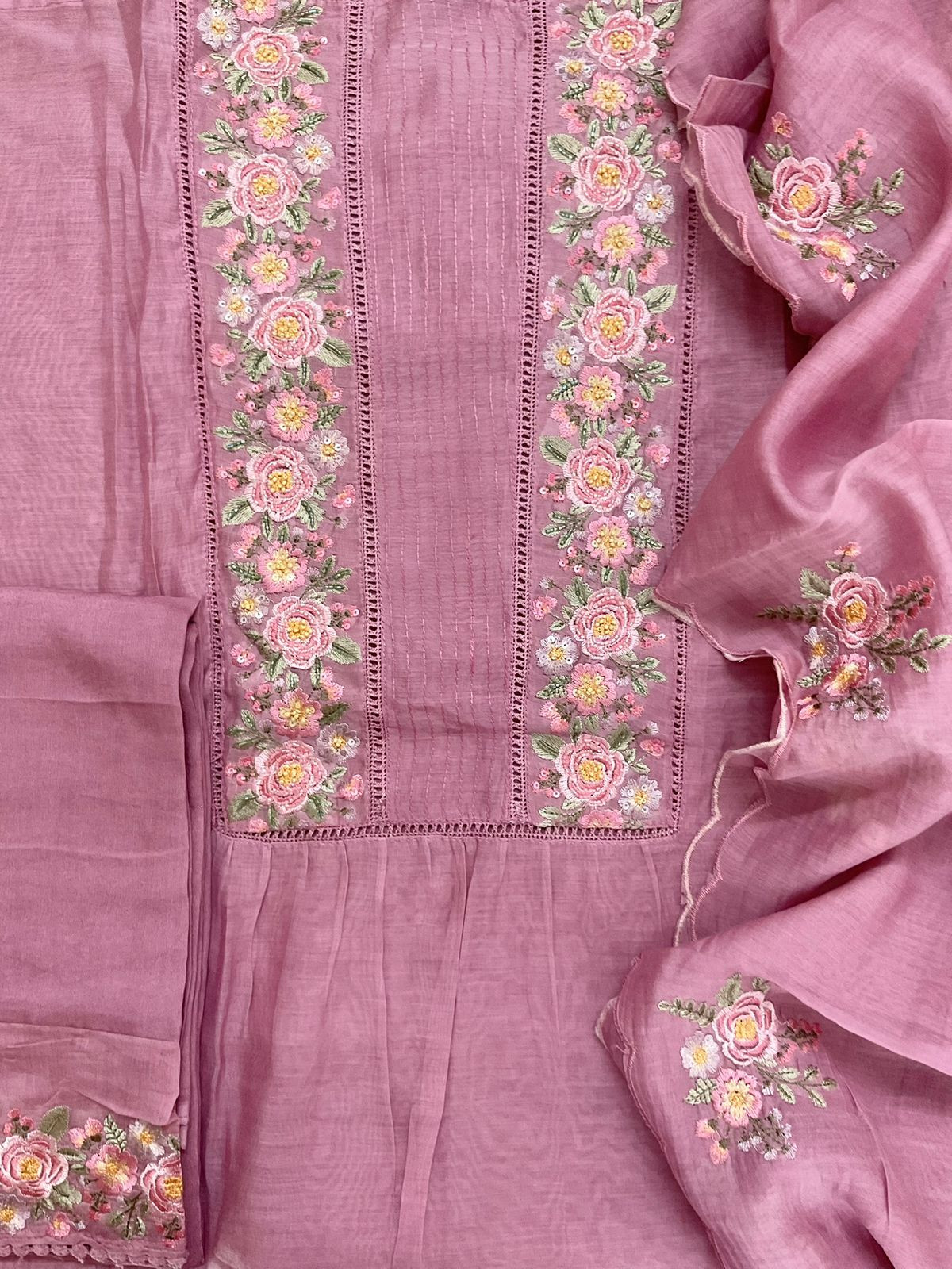 Pure Chanderi Embroidered Suit - Pink