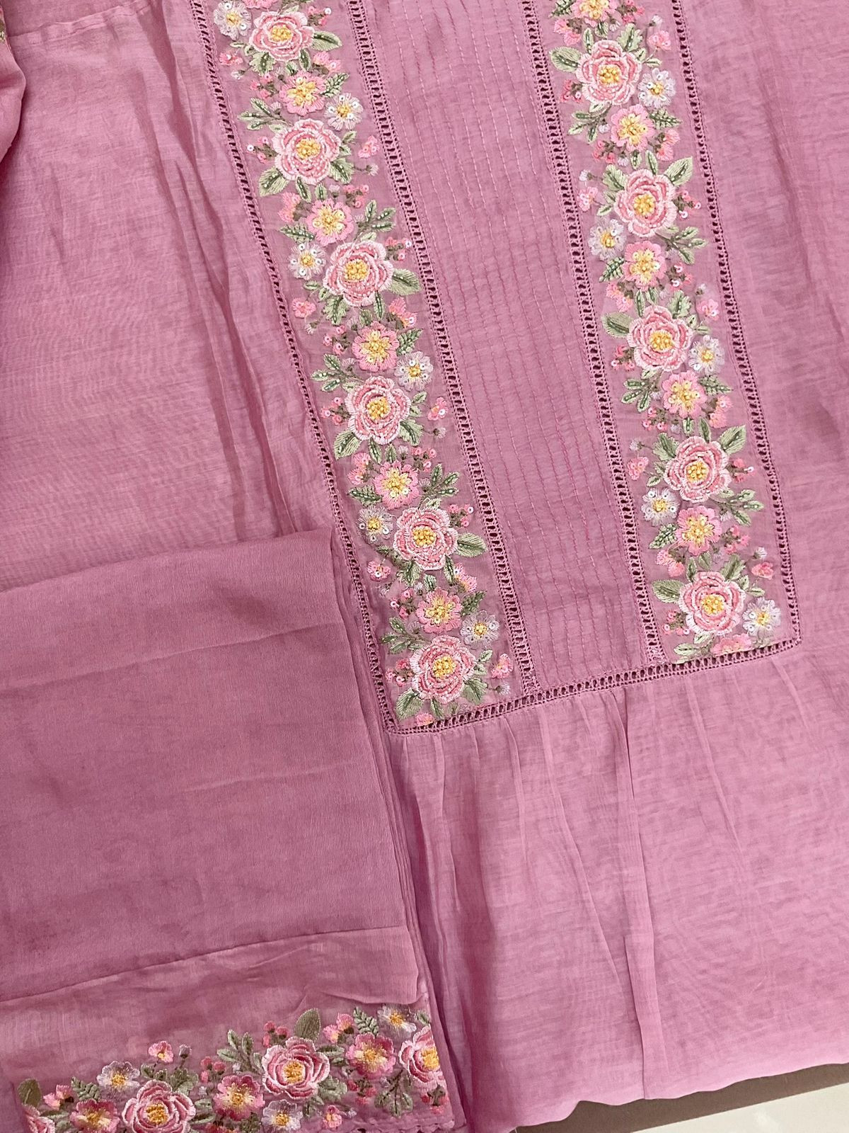 Pure Chanderi Embroidered Suit - Pink