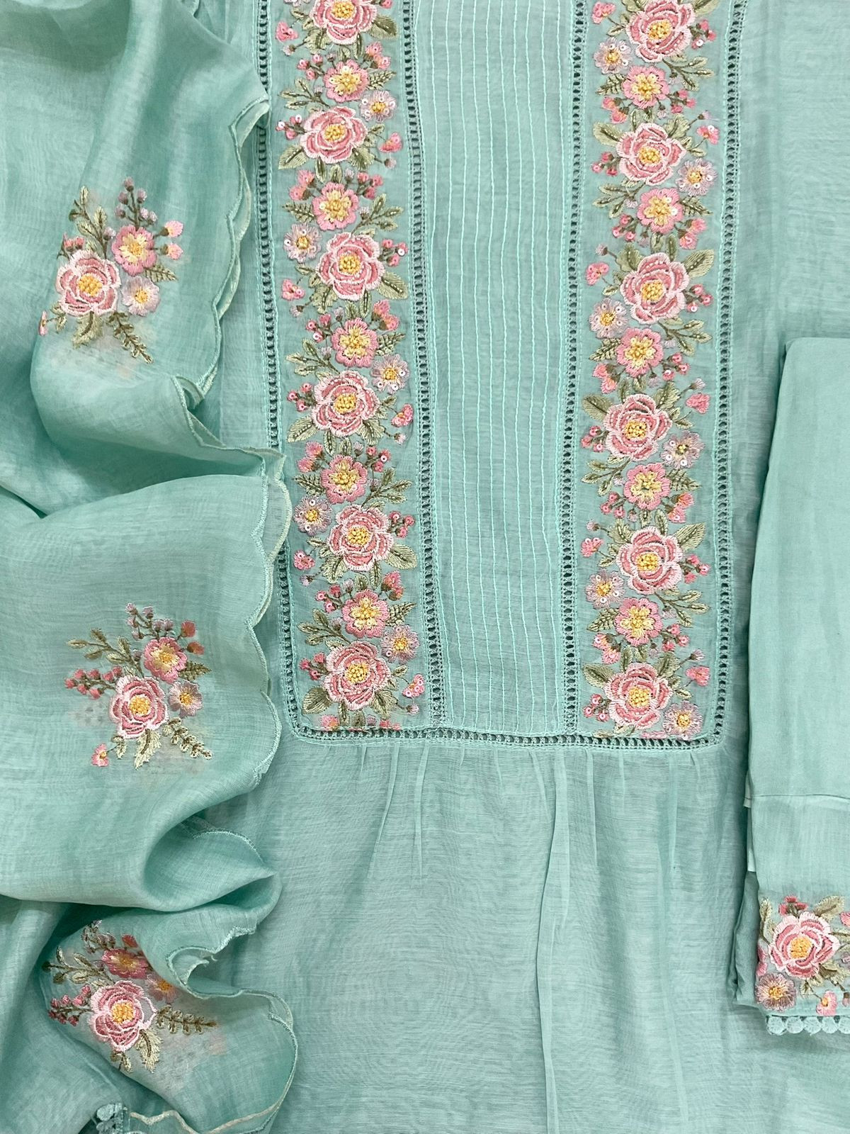 Pure Chanderi Embroidered Suit - Blue