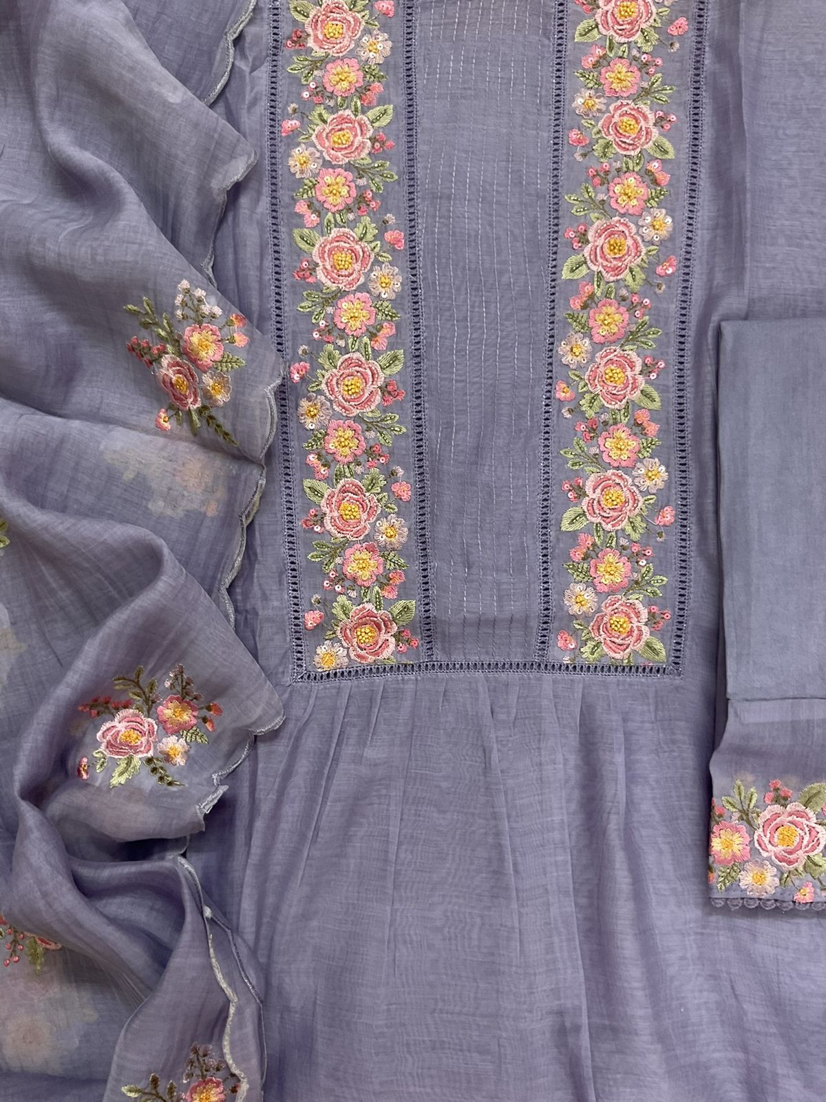Pure Chanderi Embroidered Suit - Lavender