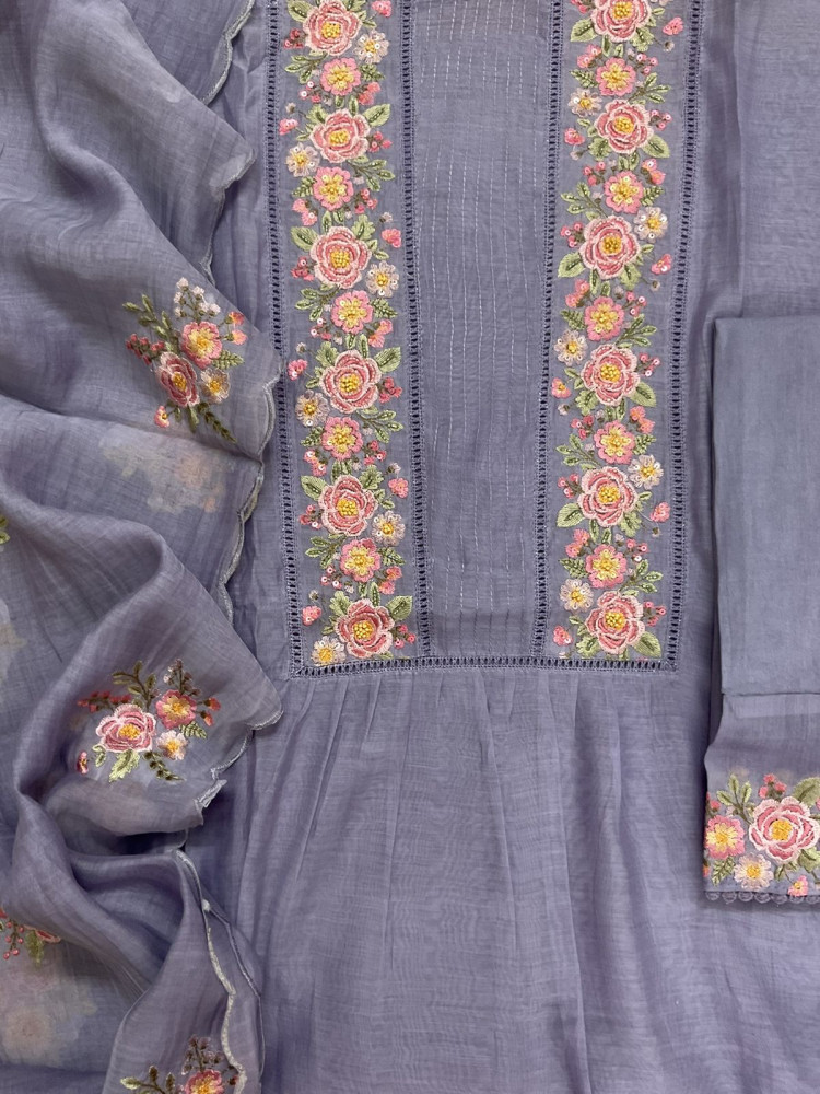 Image of Pure Chanderi Embroidered Suit - Lavender