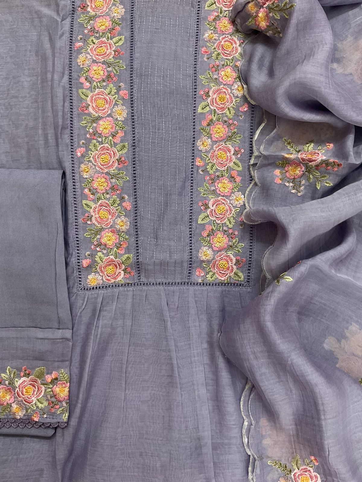Pure Chanderi Embroidered Suit - Lavender