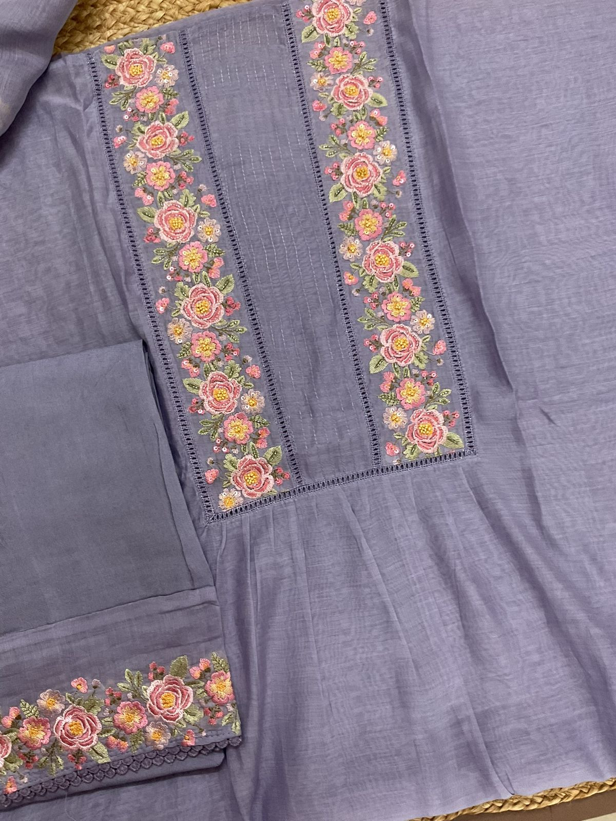 Pure Chanderi Embroidered Suit - Lavender