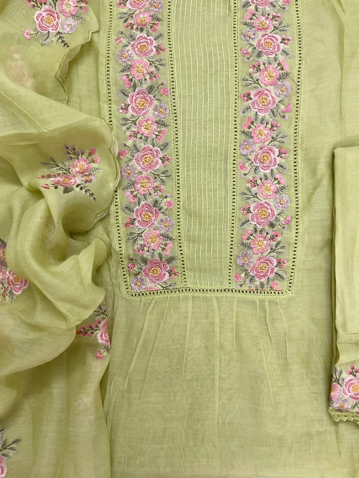 Pure Chanderi Embroidered Suit - Green