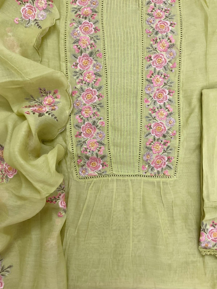 Image of Pure Chanderi Embroidered Suit - Green