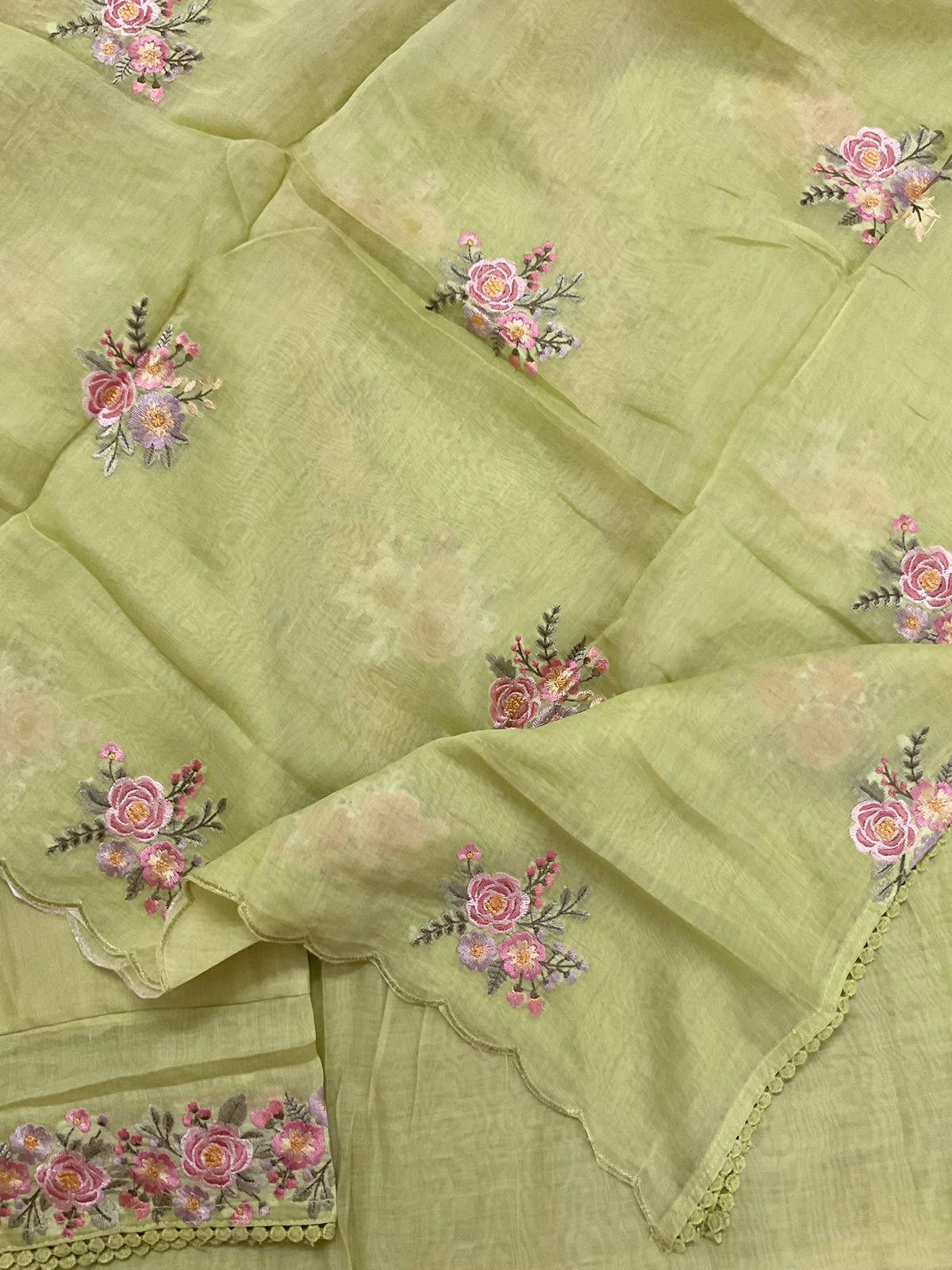 Pure Chanderi Embroidered Suit - Green