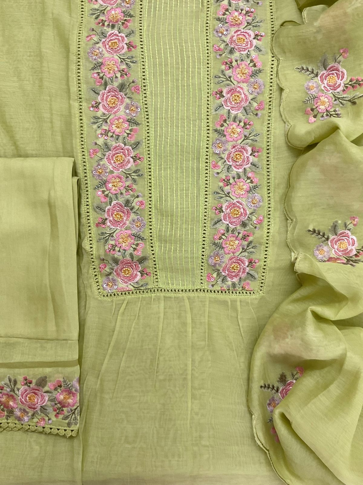 Pure Chanderi Embroidered Suit - Green