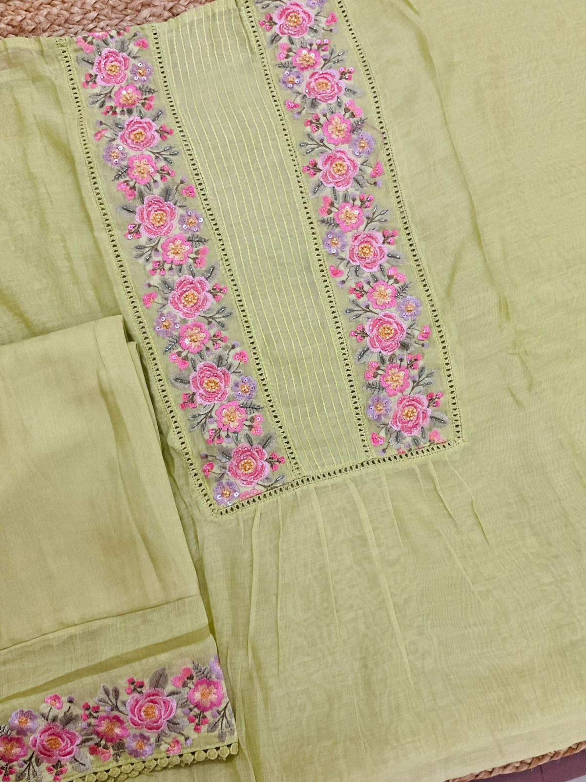 Pure Chanderi Embroidered Suit - Green