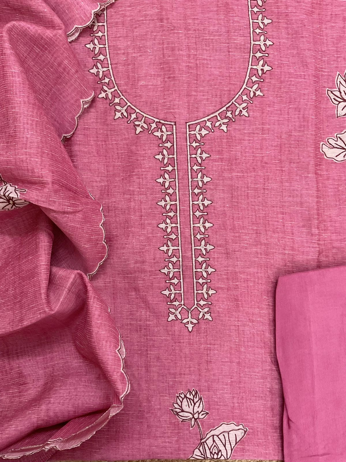 Soft Tissue Slub Cotton Printed Embroidered Suit - Pink