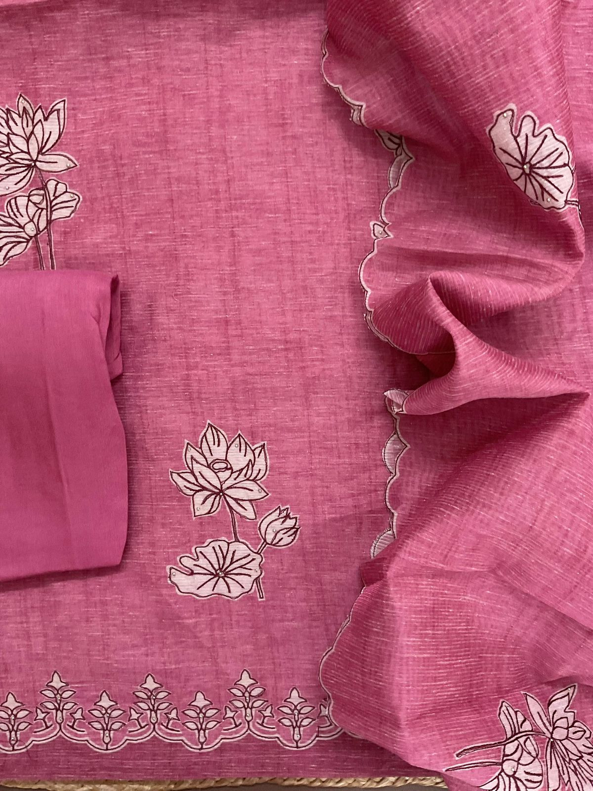 Soft Tissue Slub Cotton Printed Embroidered Suit - Pink