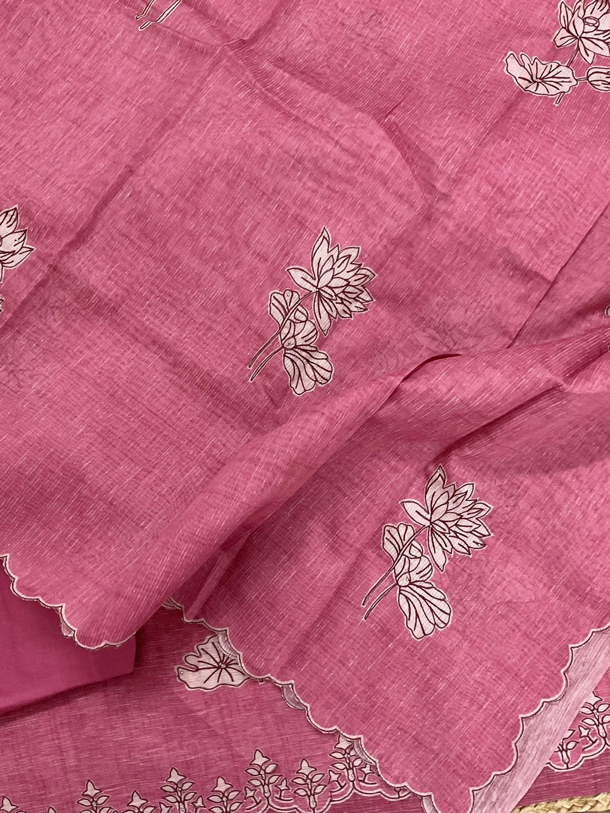 Soft Tissue Slub Cotton Printed Embroidered Suit - Pink